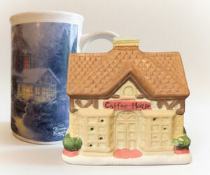 Thomas Kinkade Mug 1993 Coffee House Votive Holder Christmas Village Bundle